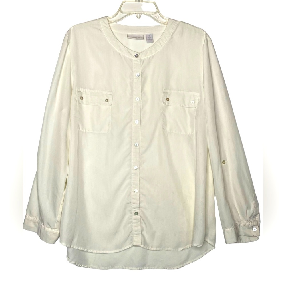 Chicoβs Button Up Roll Tab Longβ Sleeve Classic Blouse Sz 3